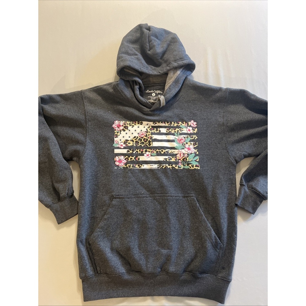 Lincoln Outfitters Small Hoodie Flag W/ Leopard Print Flowers. Dark Gray Pockets
